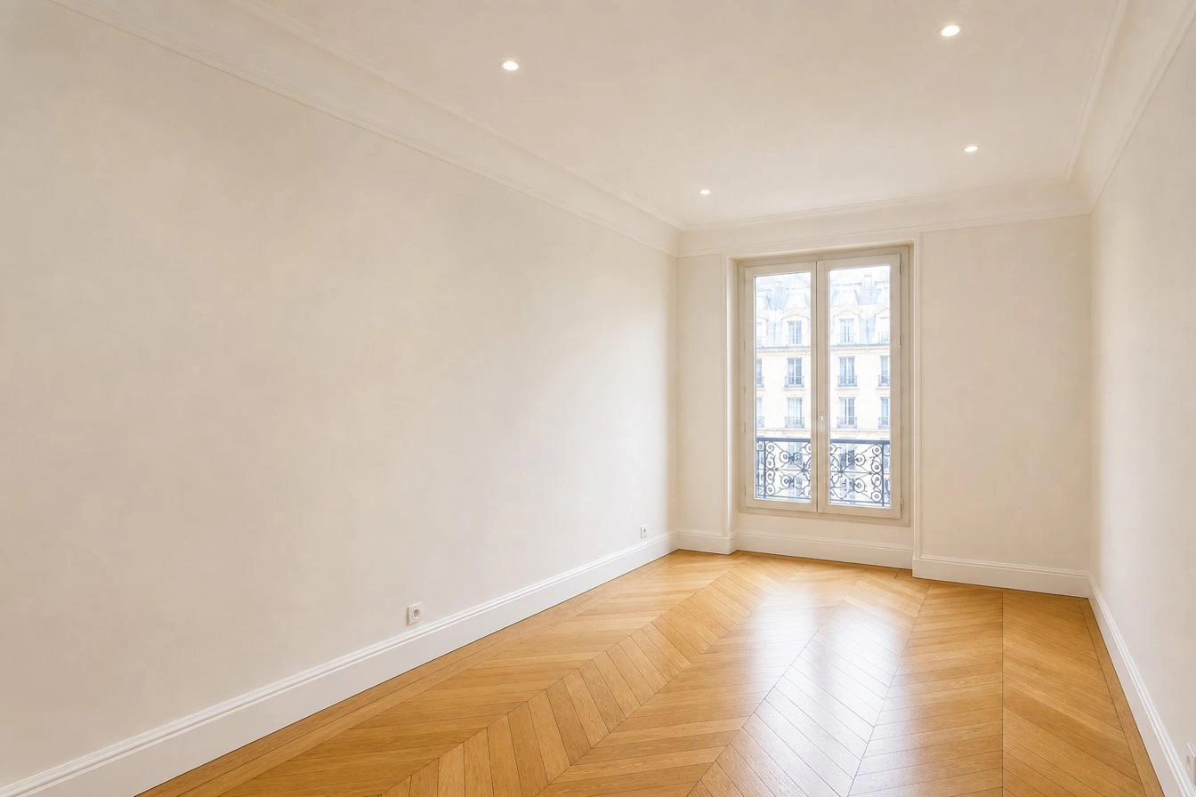Après — salon rénové avec peinture soignée et parquet