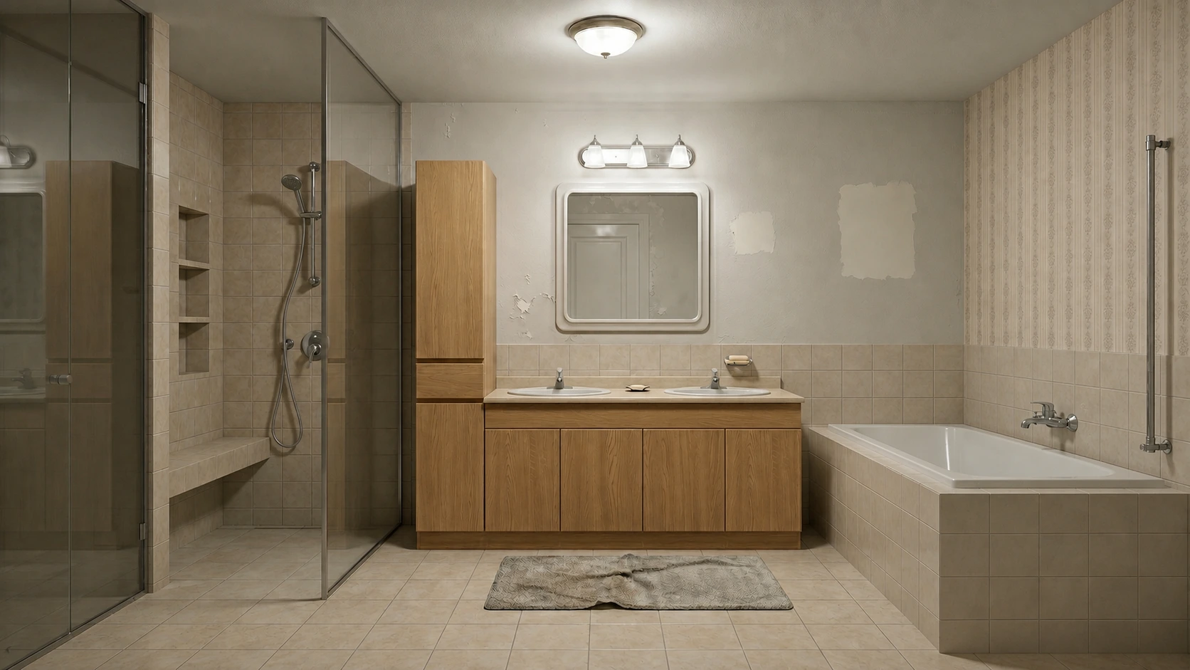 Avant rénovation — salle de bain vétuste avec baignoire ancienne